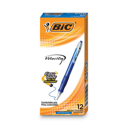 Bic® Velocity Easy Glide Ballpoint Pen, Retractable, Medium 1 Mm, Blue Ink, Translucent Blue Barrel, Dozen
