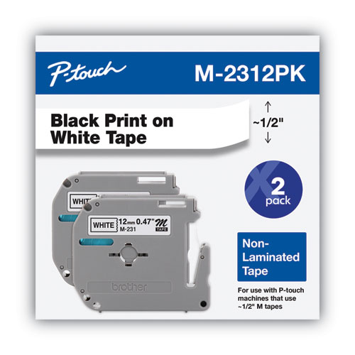 Image of M Series Tape Cartridges for P-Touch Labelers, 0.47" x 26.2 ft, Black on White, 2/Pack