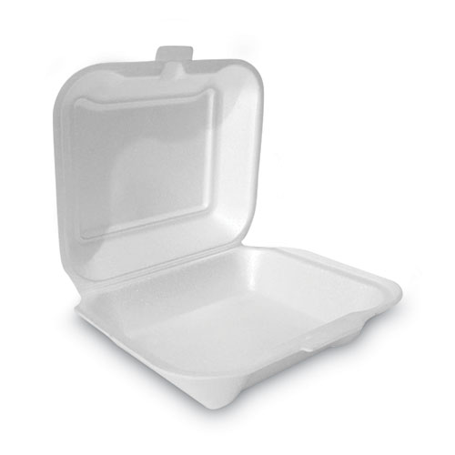 Plastifar Foam Hinged Lid Container Secure One Tab Latch, 3-Compartment, 7.81 x 8.75 x 3.38, White, 100/Sleeve, 2 Sleeves/Bag, 1 Bag/PK
