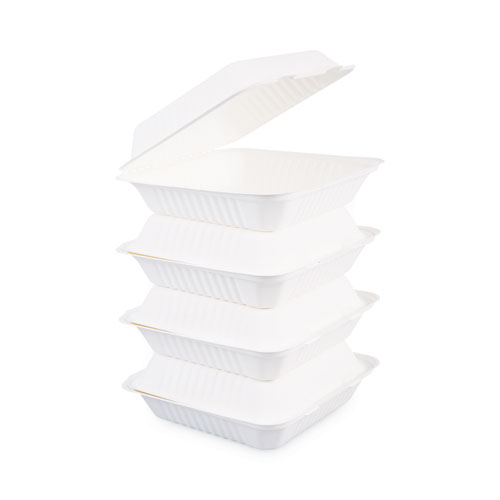 Image of Boardwalk® Bagasse Food Containers, Hinged-Lid, 1-Compartment 9 X 9 X 3.19, White,  Sugarcane, 100/Sleeve, 2 Sleeves/Carton
