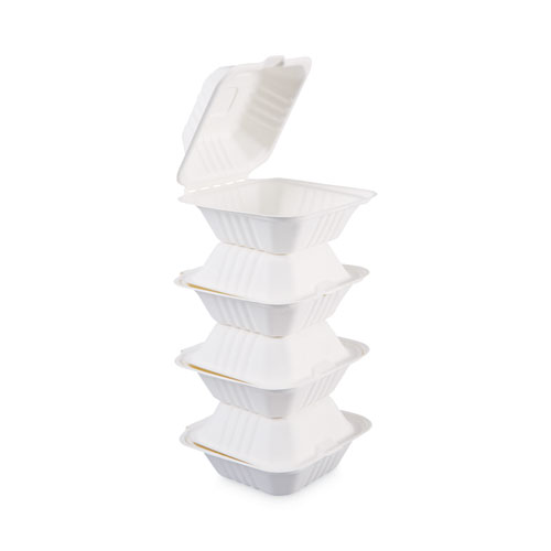 Image of Bagasse Food Containers, Hinged-Lid, 1-Compartment 6 x 6 x 3.19, White, Sugarcane, 125/Sleeve, 4 Sleeves/Carton