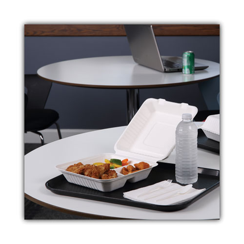 Image of Boardwalk® Bagasse Food Containers, Hinged-Lid, 3-Compartment 9 X 9 X 3.19, White, Sugarcane, 100/Sleeve, 2 Sleeves/Carton