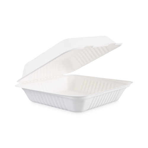 Image of Bagasse Food Containers, Hinged-Lid, 1-Compartment 9 x 9 x 3.19, White,  Sugarcane, 100/Sleeve, 2 Sleeves/Carton