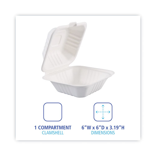 Image of Bagasse Food Containers, Hinged-Lid, 1-Compartment 6 x 6 x 3.19, White, Sugarcane, 125/Sleeve, 4 Sleeves/Carton