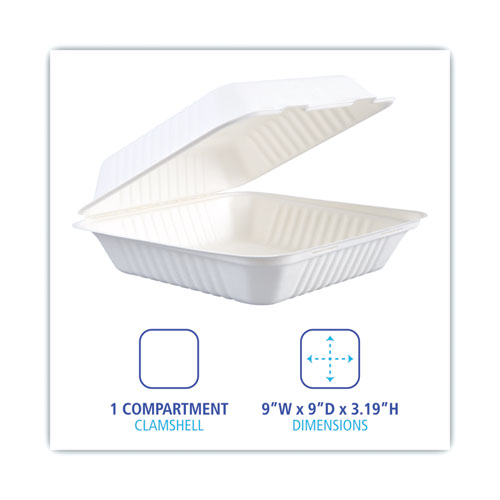 Image of Boardwalk® Bagasse Food Containers, Hinged-Lid, 1-Compartment 9 X 9 X 3.19, White,  Sugarcane, 100/Sleeve, 2 Sleeves/Carton