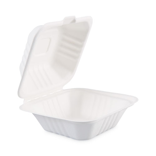 Boardwalk® Bagasse Food Containers, Hinged-Lid, 1-Compartment 6 x 6 x 3.19, White, Sugarcane, 125/Sleeve, 4 Sleeves/Carton