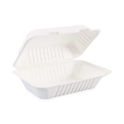 Bagasse Food Containers, Hinged-Lid, 1-Compartment 9 x 6 x 3.19, White, Sugarcane, 125/Sleeve, 2 Sleeves/Carton