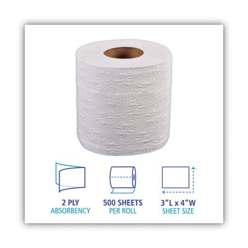 2-Ply Toilet Tissue, Standard, Septic Safe, White, 4 x 3, 500 Sheets/Roll, 96 Rolls/Carton