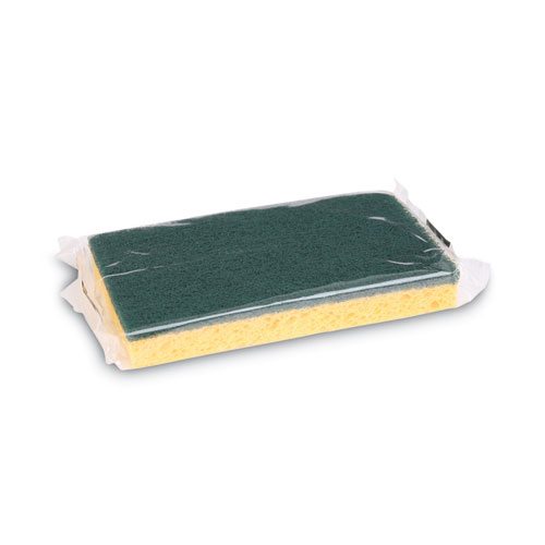 Image of Boardwalk® Scrubbing Sponge, Medium Duty, 3.6 X 6.1, 0.75" Thick, Yellow/Green, Individually Wrapped, 20/Carton