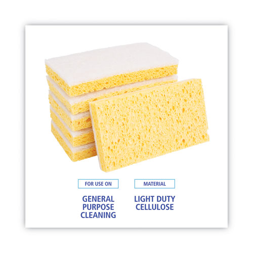 Image of Boardwalk® Scrubbing Sponge, Light Duty, 3.6 X 6.1, 0.7" Thick, Yellow/White, Individually Wrapped, 20/Carton