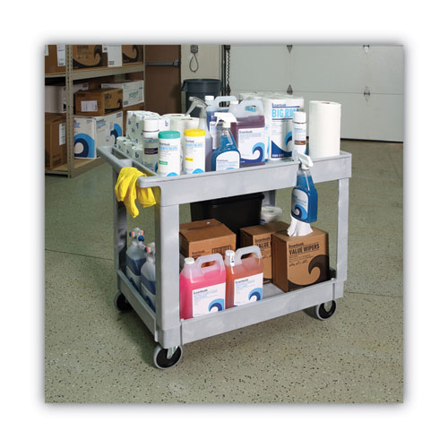 Image of Two-Shelf Utility Cart, Plastic, 2 Shelves, 300 lb Capacity, 24" x 40" x 31.5", Gray