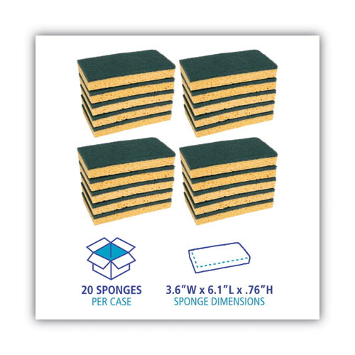Scrubbing Sponge, Medium Duty, 3.6 x 6.1, 0.75" Thick, Yellow/Green, Individually Wrapped, 20/Carton