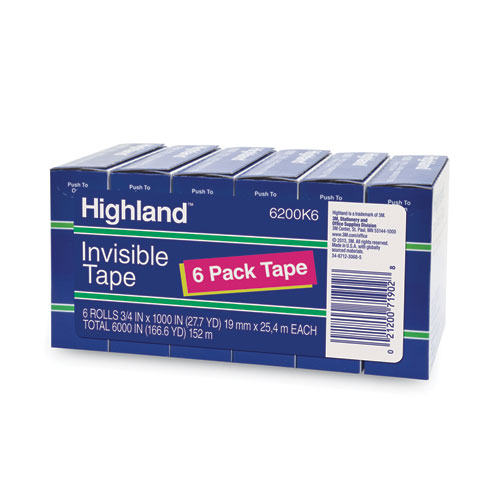 Image of Highland™ Invisible Permanent Mending Tape, 1" Core, 0.75" X 83.33 Ft, Clear, 6/Pack