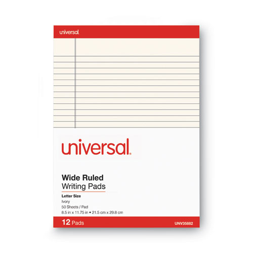 Image of Universal® Colored Perforated Ruled Writing Pads, Letter Size Pad (8.5 X 11.75), Wide/Legal Rule, 50 Ivory 8.5 X 11 Sheets, Dozen