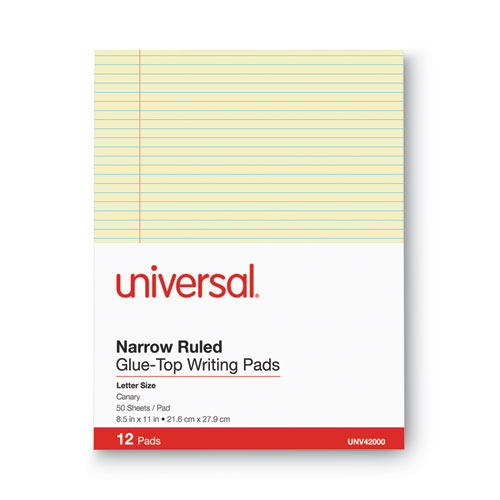 Image of Universal® Glue Top Pads, Narrow Rule, 50 Canary-Yellow 8.5 X 11 Sheets, Dozen