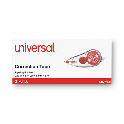 Image of Universal® Correction Tape Dispenser, Non-Refillable, Transparent Red Applicator, 0.2" X 315", 2/Pack