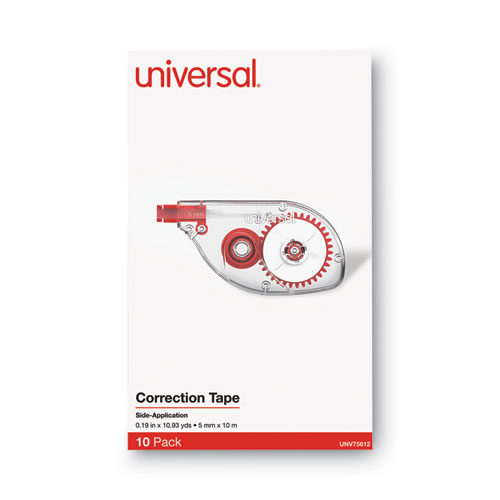 Image of Universal® Side-Application Correction Tape, Non-Refillable, Transparent Gray/Red Applicator,  0.2" X 393", 10/Pack
