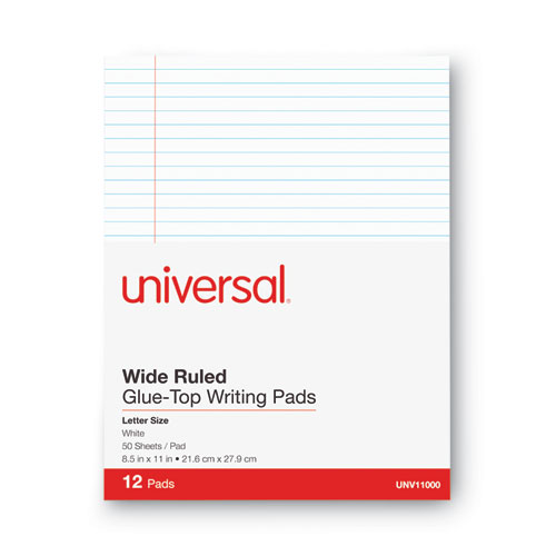 Image of Universal® Glue Top Pads, Wide/Legal Rule, 50 White 8.5 X 11 Sheets, Dozen