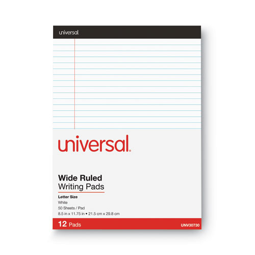Image of Universal® Premium Ruled Writing Pads With Heavy-Duty Back, Wide/Legal Rule, Black Headband, 50 White 8.5 X 11 Sheets, 12/Pack