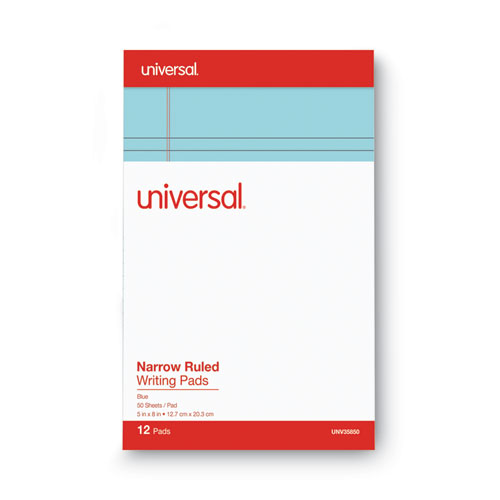 Image of Universal® Colored Perforated Ruled Writing Pads, Narrow Rule, 50 Blue 5 X 8 Sheets, Dozen
