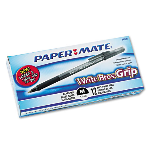 Paper Mate Write Bros Grip Ballpoint Stick Pen, Black Ink, Medium, Dozen 