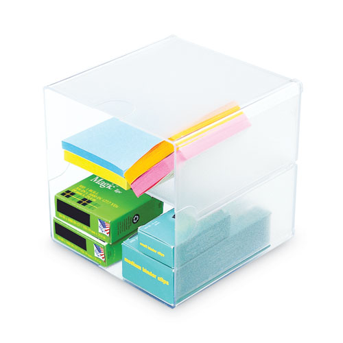 Image of Stackable Cube Organizer, Divided, 2 Compartments, Plastic, 6 x 6 x 6, Clear