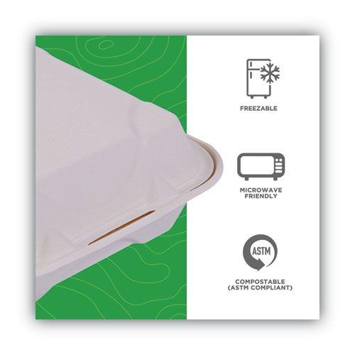 Vanguard Renewable and Compostable Sugarcane Clamshells, 1-Compartment, 8 x 8 x 3, White, 200/Carton