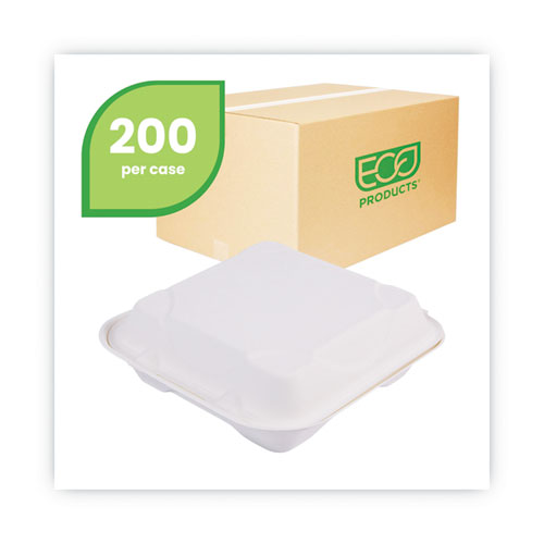 Bagasse Hinged Clamshell Containers, 9 x 9 x 3, White, Sugarcane, 50/Pack, 4 Packs/Carton