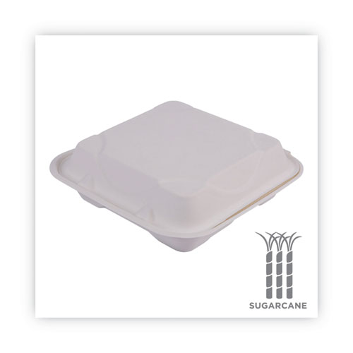 Image of Eco-Products® Bagasse Hinged Clamshell Containers, 3-Compartment, 9 X 9 X 3, White, Sugarcane, 50/Pack, 4 Packs/Carton