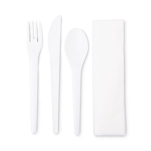 Image of Plantware Compostable Cutlery Kit, Knife/Fork/Spoon/Napkin, 6", Pearl White, 250 Kits/Carton