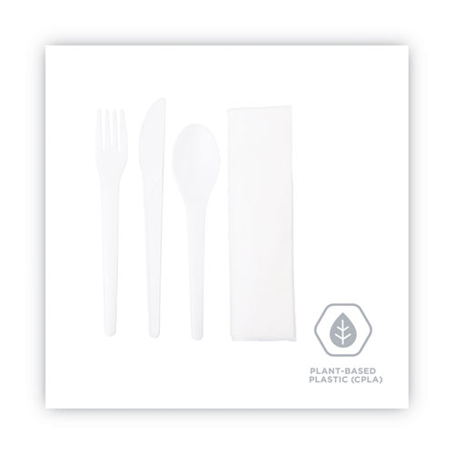 Plantware Compostable Cutlery Kit, Knife/Fork/Spoon/Napkin, 6", Pearl White, 250 Kits/Carton