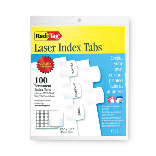 Redi-Tag® Laser Printable Index Tabs, 1/5-Cut, White, 1.13" Wide, 100/Pack