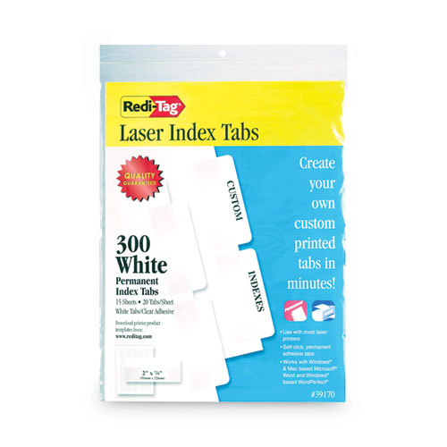 Laser Printable Index Tabs, 1/5-Cut, White, 2" Wide, 300/Pack