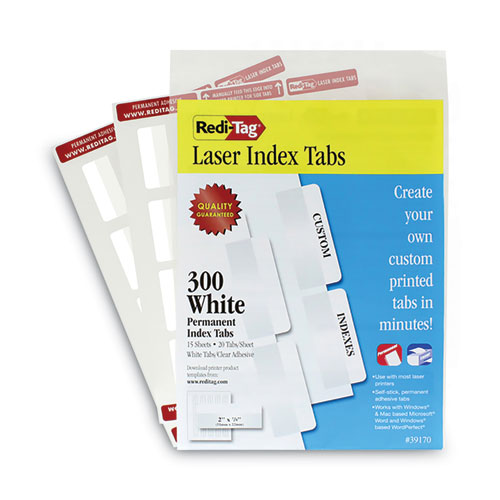 Image of Redi-Tag® Laser Printable Index Tabs, 1/5-Cut, White, 2" Wide, 300/Pack