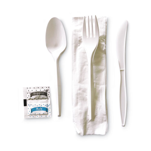 Image of Boardwalk® Cutlery Kit, Plastic Fork/Spoon/Knife/Salt/Polypropylene/Napkin, White, 250/Carton