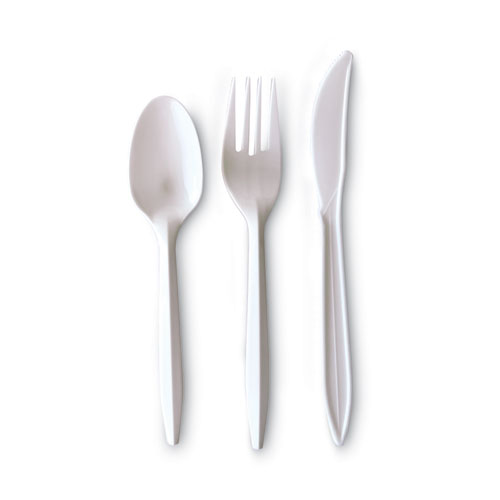 Image of Three-Piece Cutlery Kit, Fork/Knife/Teaspoon, Polypropylene, White, 250/Carton