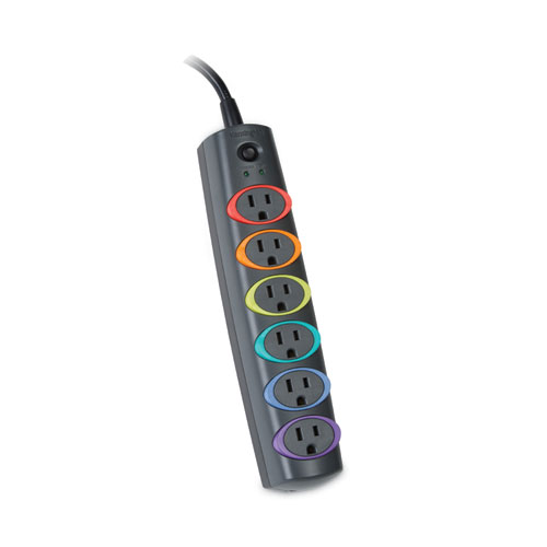 Image of Kensington® Smartsockets Color-Coded Strip Surge Protector, 6 Ac Outlets, 6 Ft Cord, 670 J, Black
