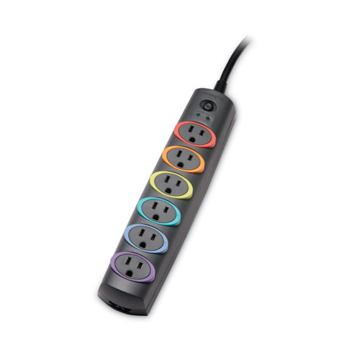 Image of Kensington® Smartsockets Color-Coded Strip Surge Protector, 6 Ac Outlets, 8 Ft Cord, 1,260 J, Black