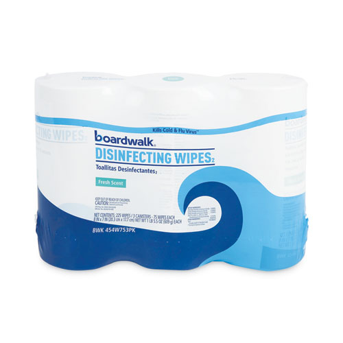 Image of Boardwalk® Disinfecting Wipes, 7 X 8, Fresh Scent, 75/Canister, 12 Canisters/Carton