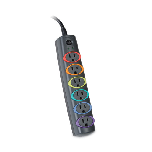 Image of Kensington® Smartsockets Color-Coded Strip Surge Protector, 6 Ac Outlets, 7 Ft Cord, 945 J, Black