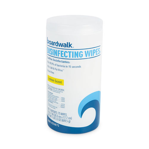 Image of Boardwalk® Disinfecting Wipes, 7 X 8, Lemon Scent, 75/Canister, 6 Canisters/Carton