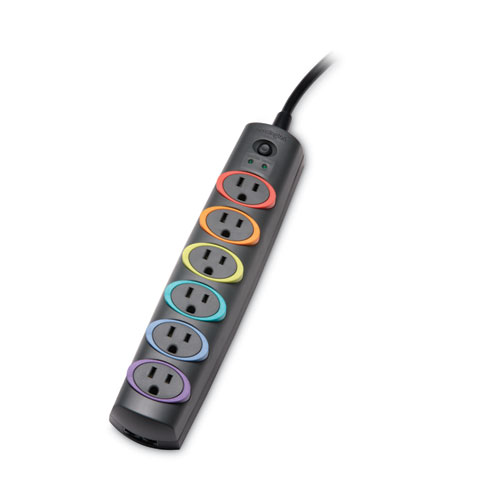 Image of Kensington® Smartsockets Color-Coded Strip Surge Protector, 6 Ac Outlets, 6 Ft Cord, 670 J, Black