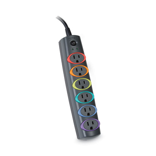 Image of Kensington® Smartsockets Color-Coded Strip Surge Protector, 6 Ac Outlets, 8 Ft Cord, 1,260 J, Black
