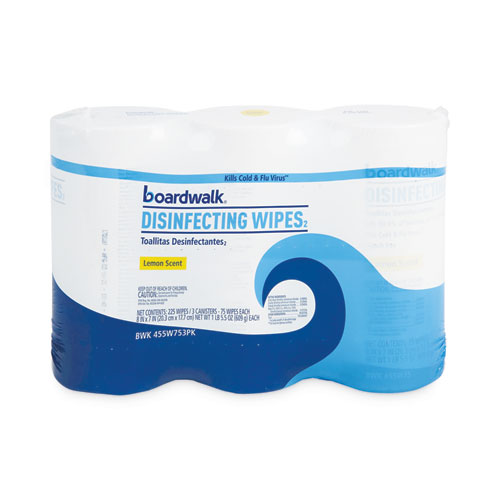 Image of Boardwalk® Disinfecting Wipes, 7 X 8, Lemon Scent, 75/Canister, 12 Canisters/Carton