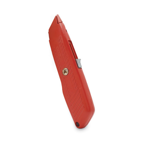 Image of Stanley® Interlock Safety Utility Knife With Self-Retracting Round Point Blade, 5.63" Metal Handle, Red Orange