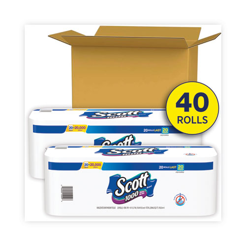 Standard Roll Bathroom Tissue, Septic Safe, 1-Ply, White, 1,000 Sheets/Roll, 20/Pack, 2 Packs/Carton