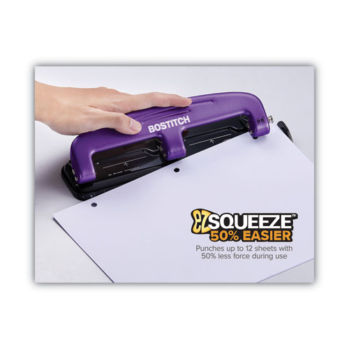 Image of Bostitch® 12-Sheet Ez Squeeze Three-Hole Punch, 9/32" Holes, Purple/Black