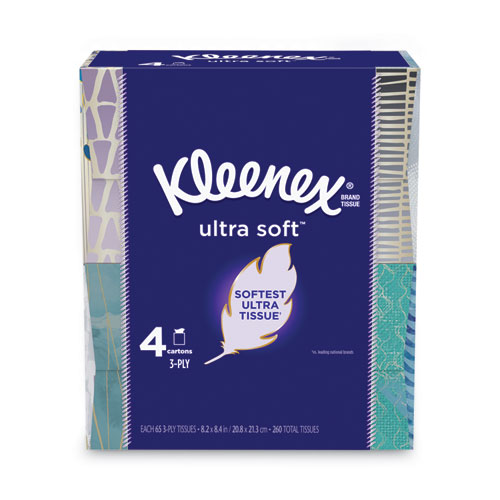 Image of Ultra Soft Facial Tissue, 3-Ply, White, 8.75 x 4.5, 65 Sheets/Box, 4 Boxes/Pack