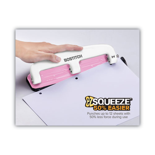 Image of Bostitch® 12-Sheet Ez Squeeze Incourage Three-Hole Punch, 9/32" Holes, Pink