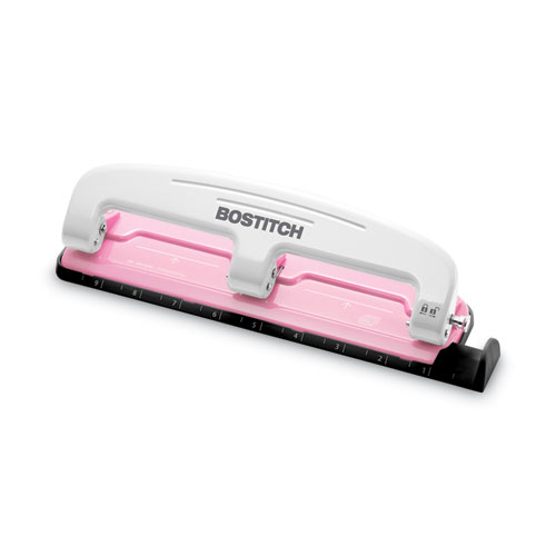 Image of Bostitch® 12-Sheet Ez Squeeze Incourage Three-Hole Punch, 9/32" Holes, Pink